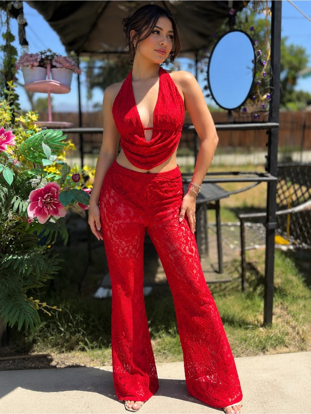 SHEIN Red Lace Halter Wide-Leg Jumpsuit